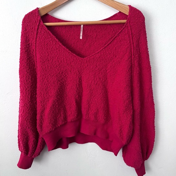 Free People red long balloon sleeve v neck top Size XS - Picture 1 of 6